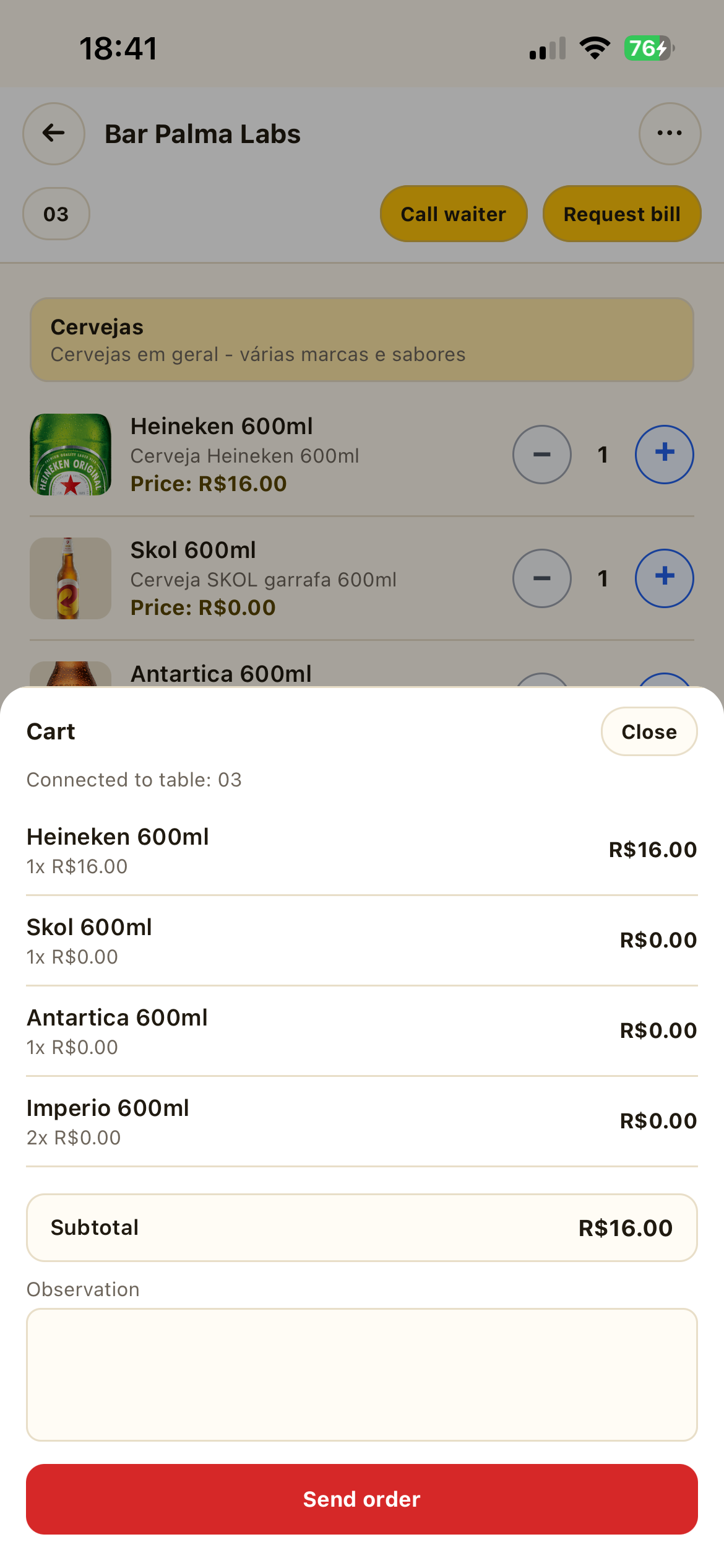 Carrinho e envio de pedido pelo cliente