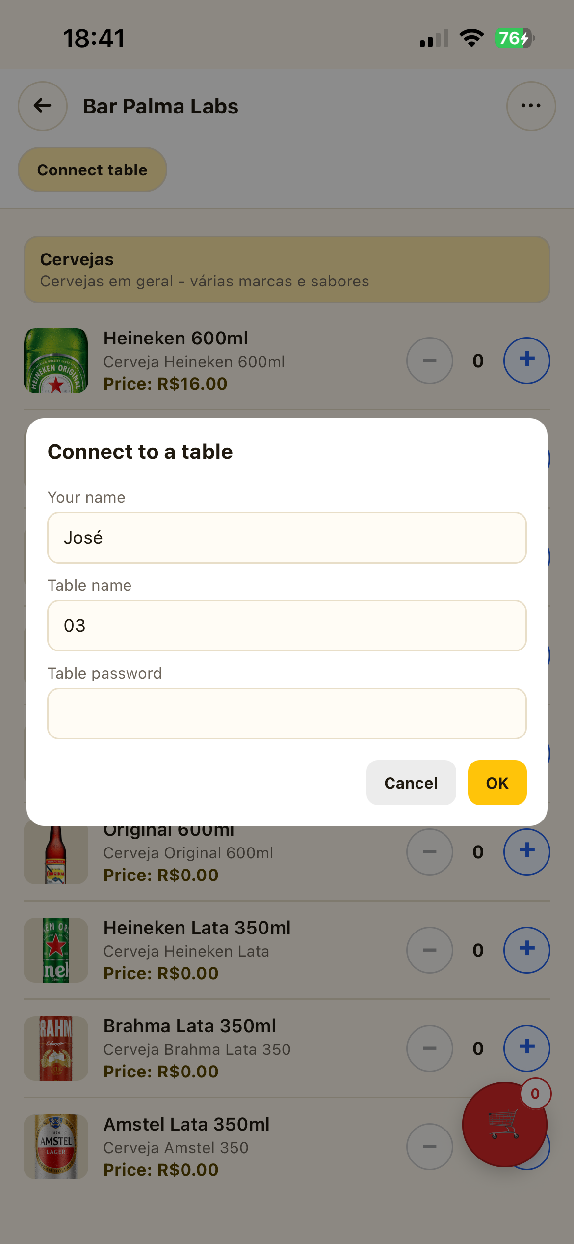 Fluxo de conexão da mesa no app do cliente